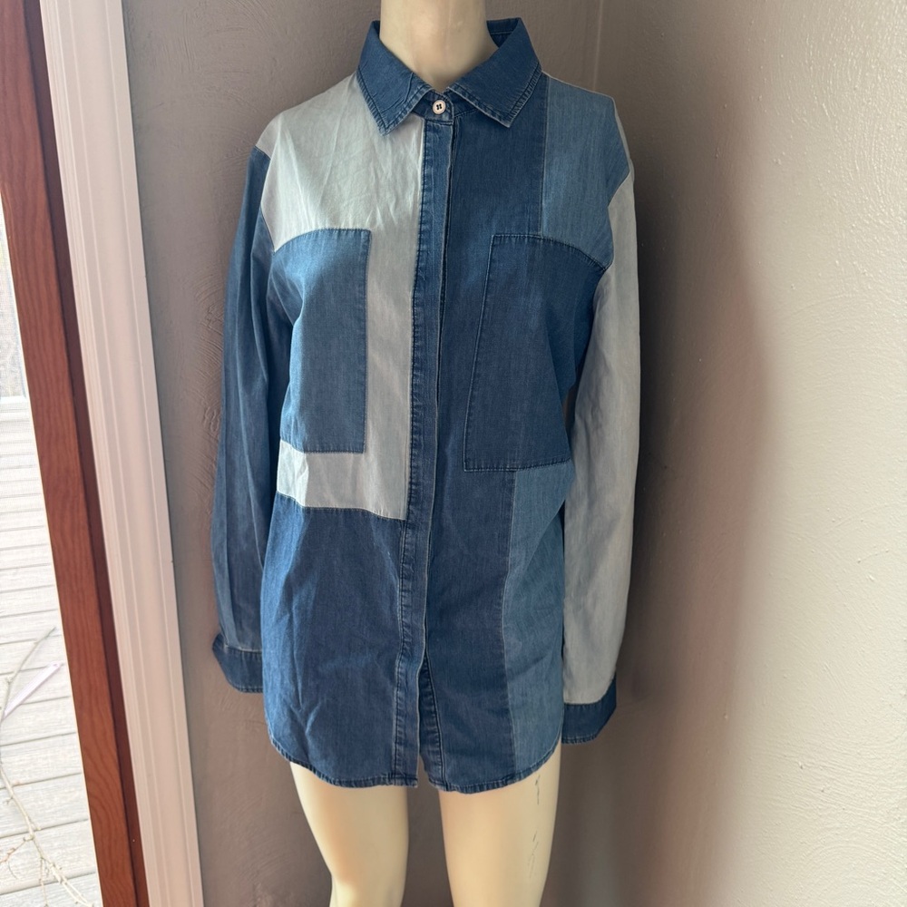 Stellah patchwork denim cotton button up blouse s… - image 1